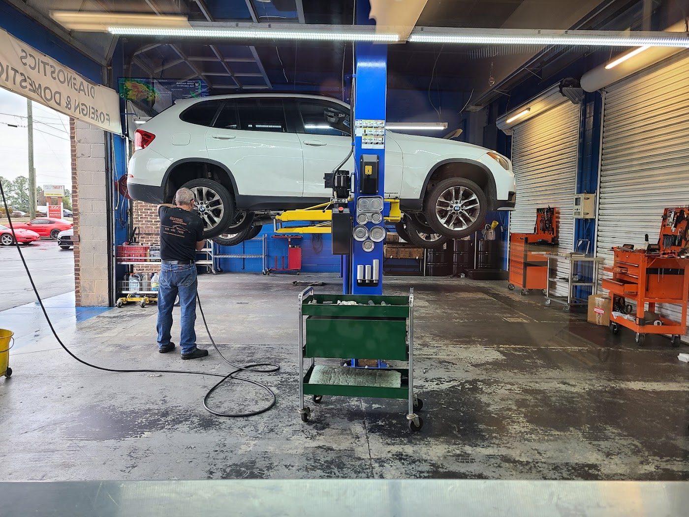 A vehicle on the lift