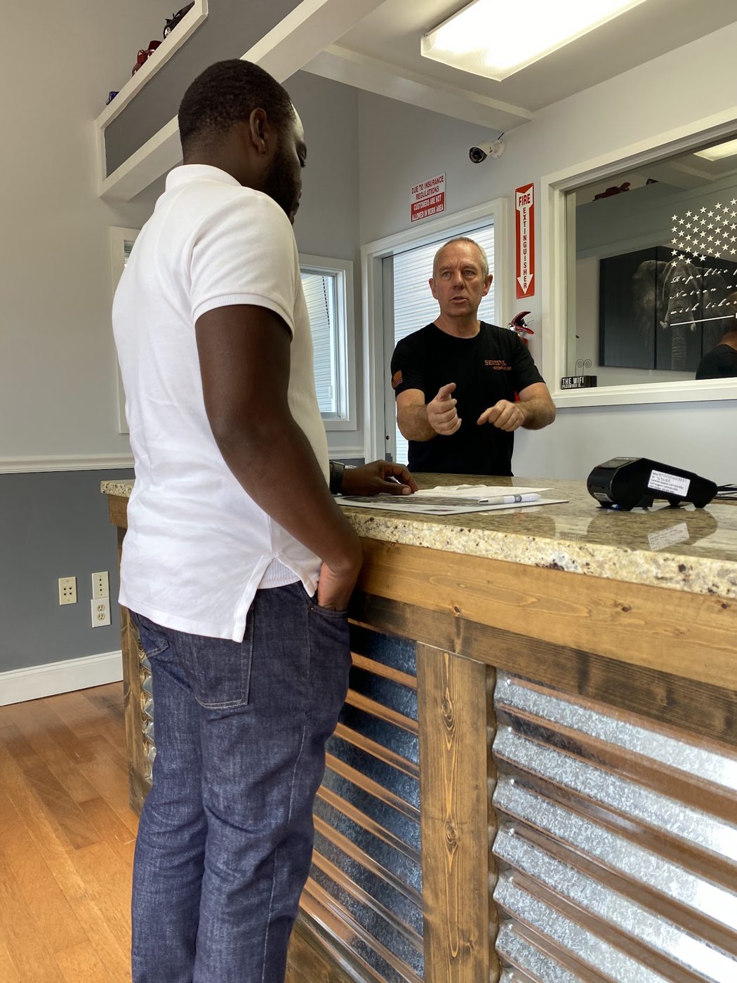 Talking through a repair at the counter